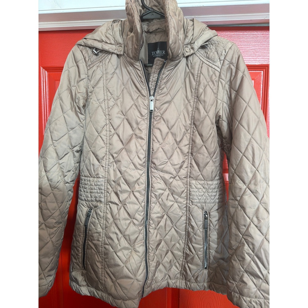Tower by London Fog Womens‎ Quilted Puffer Jacket Champagne Tan Hooded Small